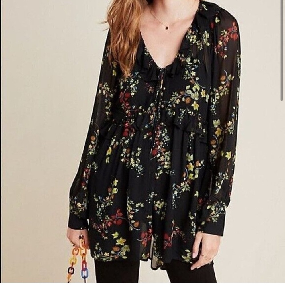 Anthropologie Black Pleated Tunic with Mandarin Collar